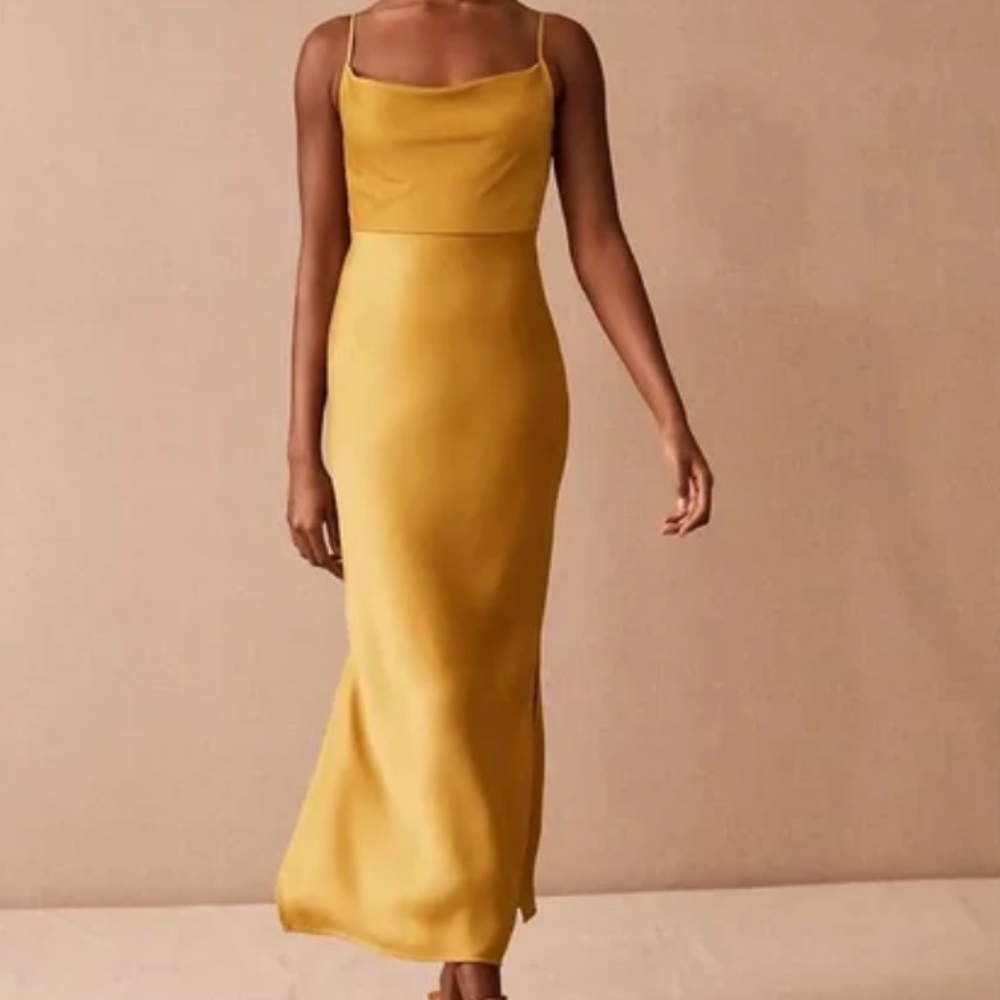 YELLOW Anthropologie BHLDN Cali Satin Cowl Neck Midi Slip Dress